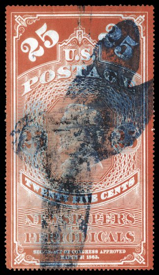 PR3, 25c Orange red, used, with bold blue brush stroke cancel which is typically found on the few existing early used newspaper stamps, deep rich color, couple of trivial flaws
endemic to these, still very fine remarkably few used examples are