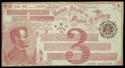 Undersander E804d, 1869 Fisk Mills of Washington, D.C., 3c Lincoln unadopted currency envelope essay, partially hand drawn and engraved design in red on greenish wood grained
background, a front mounted on thin boxwood, marvelous overall ornate