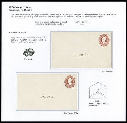 U85S-U87aS, 6c Lincoln, Reay stamped envelopes, with SPECIMEN overprints, the marvelous mounted exhibition collection of 24 different envelopes collected by the various forms
and sizes, in addition to the various colors of the indicias and the