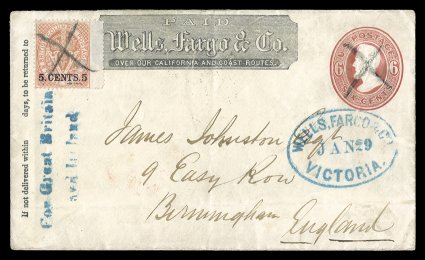 U85, 6c Dark red on white, used entire from Victoria to Birmingham, England at the 6c treaty rate, with printed Wells, Fargo & Co. frank at top center, combination franking
with British Columbia 5c on Bright red (9), both the indicia and