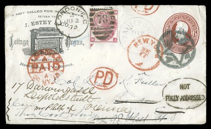 U85, 6c Dark red on white, a visually stunning 1873 usage of small entire from Brattleboro, Vt. to London, England, with illustrated corner card depicting a Cottage Organ,
indicia postmarked with clear bold fancy geometric NYFM cancel, wit