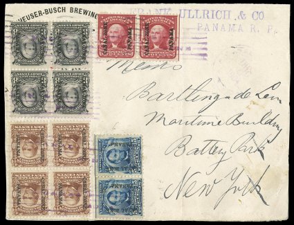 4-8, 1c-10c 1904 Overprints. a complete set on two colorful December 6, 1904 covers from Ancon to New York, includes a complete set of scarce blocks, plus other (a total of 28
stamps), all tied by purple Canal Zone bars cancels, with light match