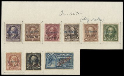 3S12S, E1S, 3c to $1.00 1899 Overprints, additionally handstamped Ultramar (Overseas) specimen, eight different values (3c, 4c, 6c-30c) plus the 10c Special Delivery, each with
violet Ultramar handstamped overprints applied by the Portugues