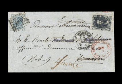 98, 15c Black, F grill, fine single used on 1869 cover to Turin, Italy, then forwarded to Florence, petite central circle of wedges cancel, matching Washington, D.C.Feb 15
c.d.s. to left, red New York Paid All Br. TransitFeb 16 c.d.