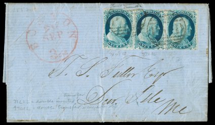 9, 1c Blue, Ty. IV, positions, 66L1l, 71L1L, 91L1L, three handsome singles all with different varieties, two (positions 71L and 91L) are triple transfer, one Inverted varieties,
each neatly arranged like a strip of three on an especially att