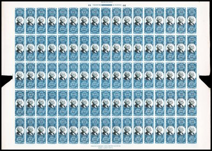 R115P4, 50c Blue and black, plate proof on card, complete sheet of 85, with Inverted imprint and plate no. 20 at top, as well as two-line imprint at bottom, selvage with cut
out in the middle of the sides as usual, some minor mounting crease