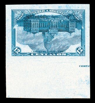 167aP, 1910 12c Bright blue, Center Inverted, imperforate plate proof on card, select quality bottom sheet-margin single just showing a portion of the printers imprint in the
selvage, huge margins all around, extremely fine.