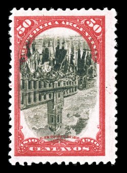 171a, 1910 50c Carmine and black, Center Inverted, deep luxuriant colors, while centered to left as are all known examples, this actually is far better centered than the
majority, o.g., lightly hinged, very fine less than 50 examples recorded.