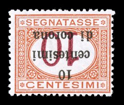 NJ9a, 10c on 10c Buff and magenta postage due, Center and Surcharge Inverted, bright fresh example of this double error, rich colors, o.g., very fine despite its relatively
modest catalog value this error is seldom seen (Sassone 2c Ç320)