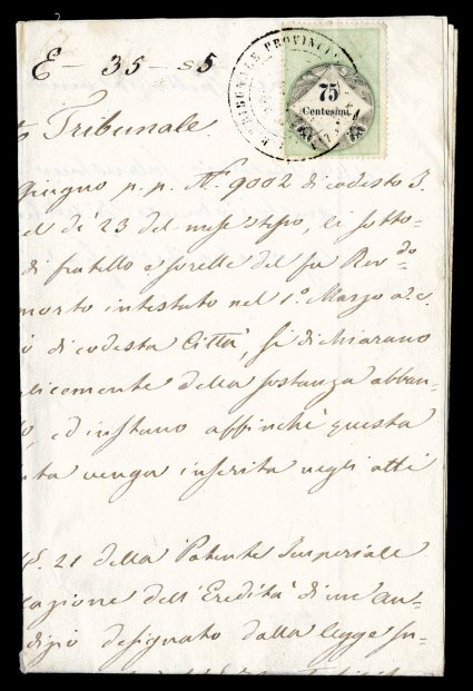 Forbin 6a, 1850 75c Green and black, Center Inverted, another example of this scarce invert, tied to top right corner of complete four-page 1855 document by double circle
cancellation, fresh colors, light vertical file fold passes lightly throug
