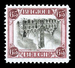 139a, 1920 65c Town Hall at Termonde, Center Inverted, a wonderfully fresh and choice example of this great rarity, strong rich colors and impressions on bright paper, well
centered, full o.g., small h.r., very fine.As with many famed inverted