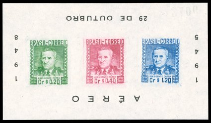 C73A, 1948 20c, 40c and 1.20r President Eurico Gasper Dutra souvenir sheet of three, with frame inscriptions inverted, without gum as issued, with control number 2106 on
reverse (which also happens to be inverted), fresh and very fine an extr