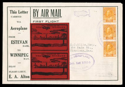 CLP5a, bc, 1924 ($1.00) Black on red, Estevan-Winnipeg air post semi-official, Inscriptions Inverted, Ty. I and II, a complete pane of two, each with inscriptions inverted,
the bottom stamp showing the Ty. II inscription with wide spacing betw