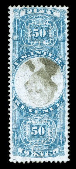 R115b, 50c Blue and black, Center Inverted, attractive colors, appears unused but has a tiny repaired punch cancel at bottom, fine appearance.