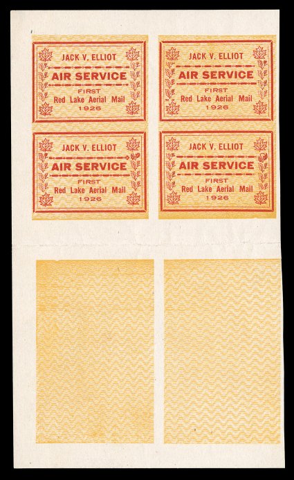 Unitrade CL6P, 1926 (25c) red and yellow Jack V. Elliot Air Service, imperforate, tete-beche pair, bottom stamp only background of zigzag lines, two such pairs contained
within a sheet of eight, the top four stamps normal, while the bottom four