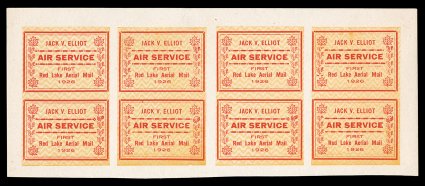CL6, 1926 (25c) red and yellow Jack V. Elliot Air Service, background of zigzag lines, imperforate, complete pane of eight, with positions 6 and 8 showing single inverted
leaf, quite fresh, large full margins, o.g., n.h., top right stamp wit