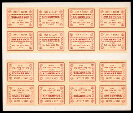 CL7a, b, d, 1926 (25c) red and yellow Jack V. Elliot Air Service, background of swastikas, imperforate, another complete sheet exactly as the previous lot, with these two
sheets being among the few which still remain intact today, o.g., lightly