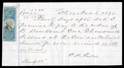 R115b, 50c Blue and black, Center Inverted, single with fresh colors on Nov 1, 1871 promissory note, light ms. cancel, stamp with trivial corner crease, fine interestingly, on
the reverse there is another promissory note dated 1872 with a 2c Se
