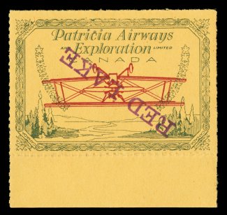 CL30r, 1926 (25c) Green and red on yellow Patricia Airways and Exploration Co., with Red Lake overprint type D in red, both the overprint and the central Plane Inverted,
choice bottom sheet-margin mint example, well centered, o.g., very fine