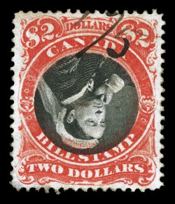 van Dam FB53a, 1868 $2.00 Third Bill revenue, Center Inverted, near perfect centering which is almost impossible to find on this rarity, strikingly intense colors and
impressions, small neat portion of a manuscript cancel, just a few gum soaked