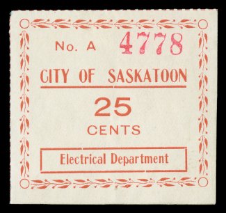 van Dam SE1a, 1911 Saskatchewan 25c Dull red Electrical Inspection stamp, bottom right leaf segment (border) inverted, an unused example of this most unusual and clearly rare
inverted variety, where only the two leaf segments in the bottom right