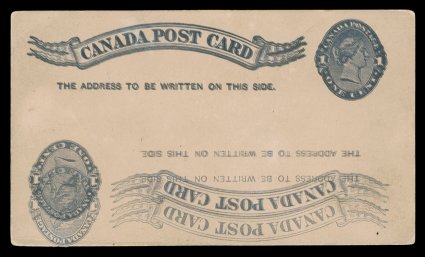 Unitrade UX7d var., 1887 1c Grey postal card, sextuple impression, three inverted, a stunning mint card displaying three normal impressions (two of which are almost on top of
one another) and three inverted impressions, two corners of card just