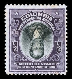331a, 1910 12c Camilo Torres, Center Inverted, fairly well centered, deep rich colors, o.g., h.r., some slight album page adhesion specks at bottom, very fine (Michel
227K).