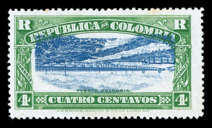 F23a, 1917 4c Green and ultramarine registration stamp, Center Inverted, lovely strong colors, well centered, o.g., lightly hinged, couple of minor tone specks in top margins,
still quite very fine for this seldom offered invert (Michel 251K).