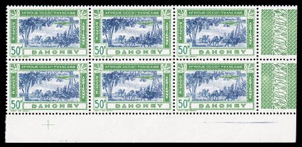 C13 var., 1942 50Fr Yellow green, dull green and deep blue air post, Double impression of the Center Vignette, One Inverted, bottom right corner sheet-margin block of six
(3x2), with each stamp displaying this striking and unlisted error, bright