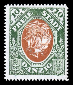 Michel 53K-55K, 58K-62K, 78K, 79K, 83K, 1921 5pf-10M Hanseatic Trading Ship and 1921-22 30pf-1M Coat of Arms, Centers Inverted, all eleven different values that exist thus per
the Michel catalog, each wonderfully bright and fresh, rich colors, o