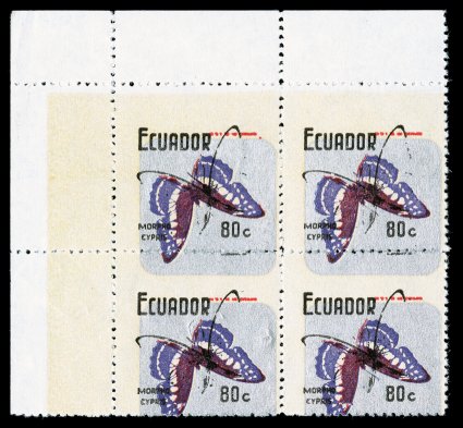 795 var., 1970 80c Butterfly, Center Inverted, top left corner sheet-margin block of four of this striking error, with the multi-colored butterfly inverted, unlisted in the
Sellinger catalog and the only examples of this error we have ever seen,