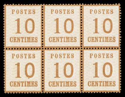 N12, 1870 10c Bister, with network points down, fresh mint block of six (3x2), lovely bright color and impression on crisp paper, unusually well centered, o.g., never hinged,
just the faintest trace of toning (largely at edges on reverse), other