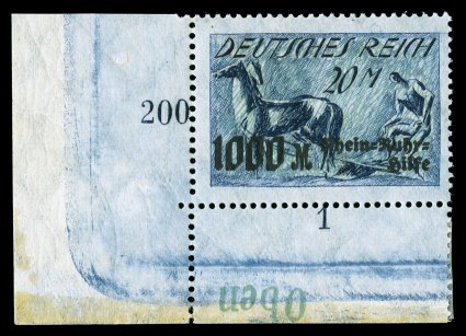 B7b, 1923 20M + 1000M Indigo and green, green Background Inverted, select quality bottom left corner sheet-margin single, exceptionally well centered within large margins,
quite fresh o.g., the stamp itself is never hinged, very fine and exceedi