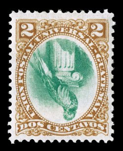 22a, 1881 2c Quetzal, Center Inverted, extraordinarily well centered within uncharacteristically large margins, deep fresh colors, o.g., h.r., very fine a wonderfully choice
mint example of this scarce and undervalued error.