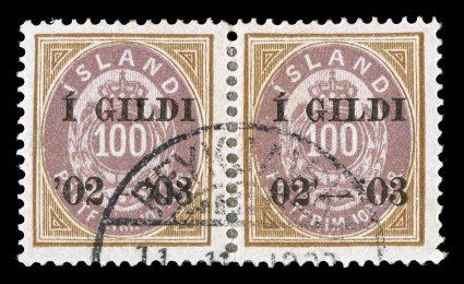 68b, 1902-03 100a Brown and violet, perforated 14 x 13 12, 02-03 overprint error instead of 02-03, a most attractive used example se-tenant with a normally overprinted stamp
in a horizontal pair, the error stamp at right, fresh colors, nice