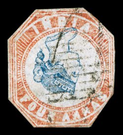 6c, 1854 4a Red and blue, Head Inverted, first printing, Head Die I (position 9), Frame Die I (position 4), a handsome used example of this important classic rarity, being
neatly cut to shape as nearly all known examples are found, with frame li