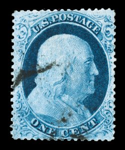 23, 1c Blue, Ty. IV, triple transfer, one Inverted, position 71L1L, used, exceptionally centered for this difficult and rare stamp, deep luxuriant color and impression which
shows this distinctive plate variety extremely well, lightly cancelled,