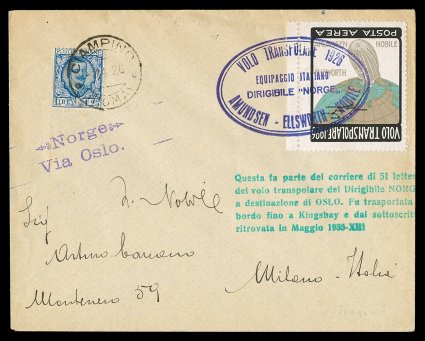 AAMC Z-478f, 1926 Polar Flight of the dirigible Norge, flown on the leg from Rome to Nome, flight vignette with inverted frame, position 16 (Sanabria S3e), tied to flown cover
along with 1.25L Italian adhesive by Ciampino(Roma)8. 4. 26