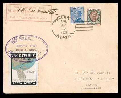 AAMC Z-478g, 1926 Polar Flight of the dirigible Norge, flown on the entire trip to Teller, Alaska, the flight vignette being the very scarce inverted frame variety (Sanabria
S3e) and is tied to flown cover by the violet oval flight cachet