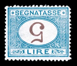 J17a, 1874 5L Blue and brown postage due, Numeral Inverted, a brilliantly fresh mint example of this important rarity, being one of just a few known mint examples, as almost
all known copies are found used and only priced as such in both the