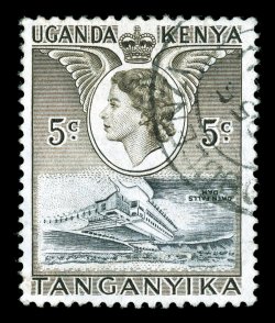 103b, 1954 5c Chocolate and black, Vignette (dam) Inverted, watermark inverted as well, the celebrated unique example of this fascinating and storied invert, used, neat
portion of double circle town postmark, well centered, strong colors, couple