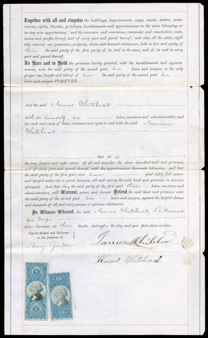 R127a, $5.00 Blue and black, Center Inverted, uncancelled single along with $1.00 Second Issue (R118) which overlaps the $5.00 Invert, on 1870 four-page Indenture from
Washington Village, Middlesex County, New Jersey, stamps quite fresh and wit