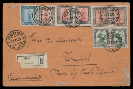 24a, 1921 15c Black brown and brown orange, Center Inverted, horizontal pair, along with singles or pairs from the same series with normal centers, tied to registered cover to
Tripoli by Derna17.11.21Cirenaica c.d.s., Tripoli arrival bkst.,
