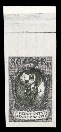 68 var., 1921 80rp Gray and black plate proof, Center Inverted, full top sheet-margin example of this scarce variety, with large to huge margins all around, extremely fine
(Michel 59 var.).