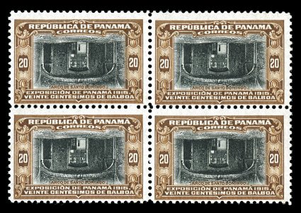 212a, 1915 20c Brown and black Santo Domingo Arch, Center Inverted, very scarce mint block of four, deeply rich colors, o.g. which is just slightly disturbed from mounting,
fine.