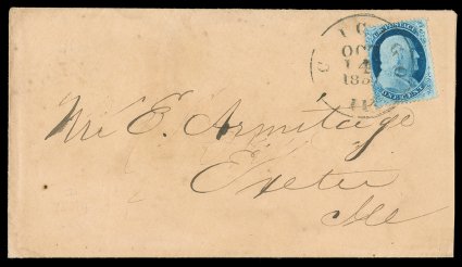 23, 1c Blue, Ty. IV, triple transfer, one Inverted, position 71L1L, attractive example of this rare and collectible position, deep rich color, tied to buff colored cover
addressed to Exeter, Ill. by nice strike of Chicago, IllOct 141857 c.d.