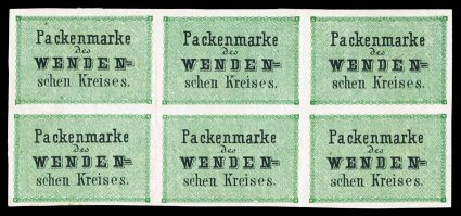 L3c, 1863 (4k) Blue green and black, Background Inverted, a very scarce mint block of six, positions 3-59-11, with positions 3 and 5 having their backgrounds inverted, while
the other positions are normal, large well balanced margins all around