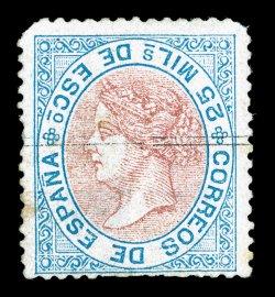 96a, 1867 25m Blue and rose, Frame Inverted, used, light bar cancellation, warm rich colors, small faults including light thinning , trivial stain at right and a rounded
corner at bottom right, nonetheless this is still a highly collectible exam