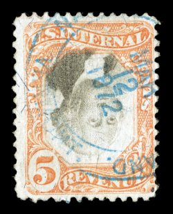 R137a, 5c Orange and black, Center Inverted, color a little light, blue circular date handstamp cancel, vertical crease and a corner crease at bottom left, fine
appearance.