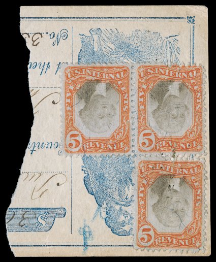R137a, 5c Orange and black, Center Inverted, a stunning invert L shaped block of three, tied to the left third portion of a bank check by tiny pinhole cancels, the vertical
pair showing an extra half row of slightly off-register freak perforat